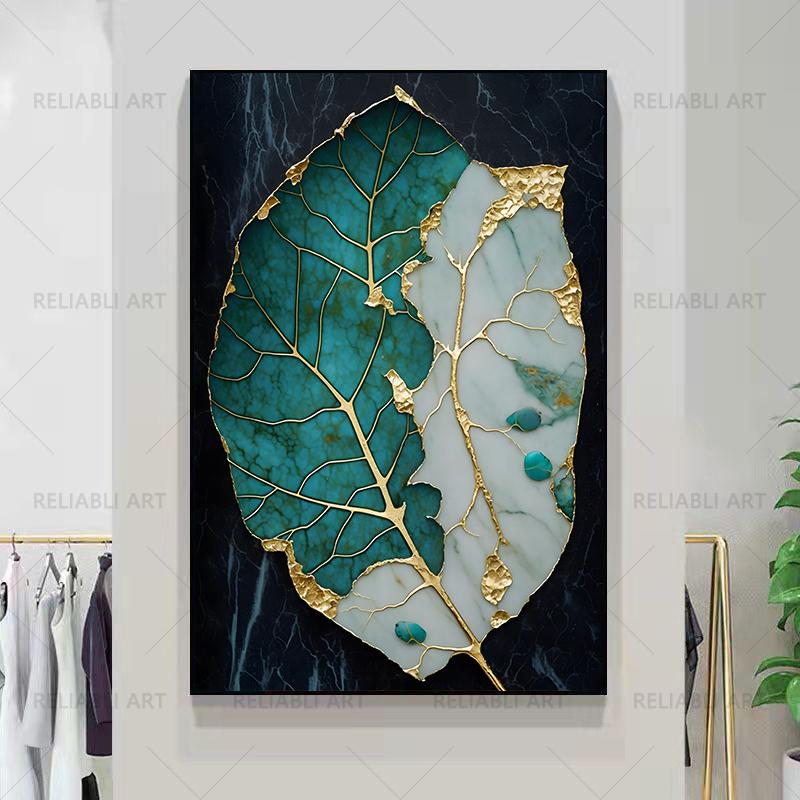 

Лист в зеленом мраморе, золотой постер, декор стен, абстрактные листья, холст, живопись, зеленые листья, цветочные постеры и принты, настенное искусство 30x45cm No Frame
