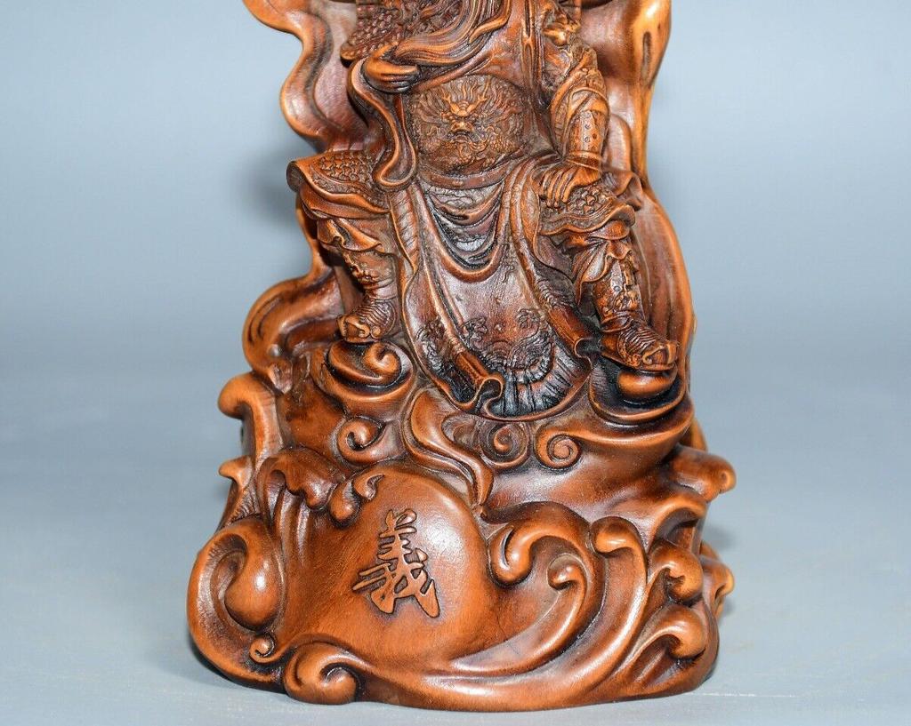 Chinese Antique Vintage Wood Hand Carved Boxwood Guan Yu Figure Statue Sculpture