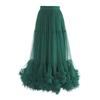 Mesh Yarn Midi Skirt High Elastic Waist Ruffles Trim A-line Skirt