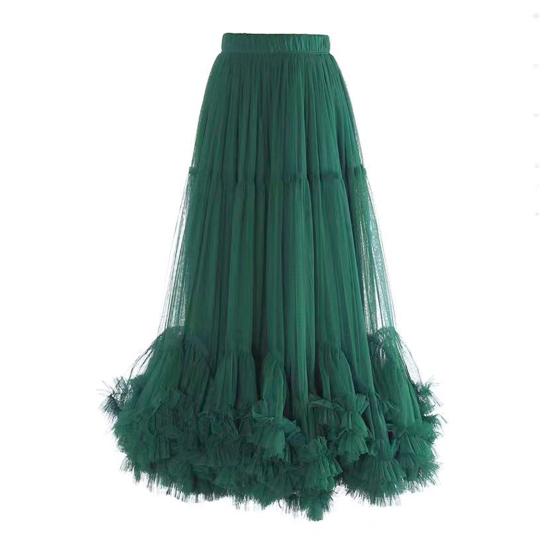 Mesh Yarn Midi Skirt High Elastic Waist Ruffles Trim A-line Skirt