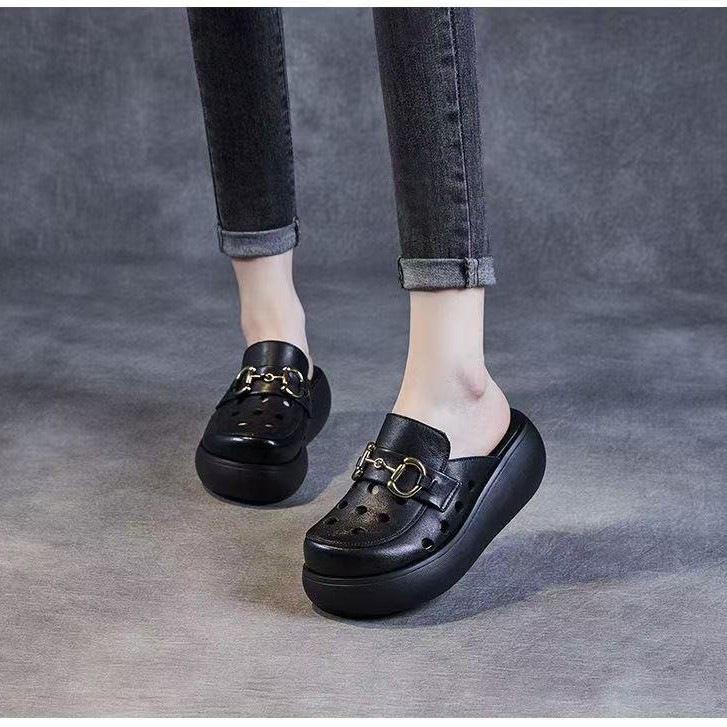 Baotou Half Slippers Women's Summer Fashion Outer Wear 2025 New Hollow Hole Shoes Soft Leather Muffin Thick Sole Heightening Sandals