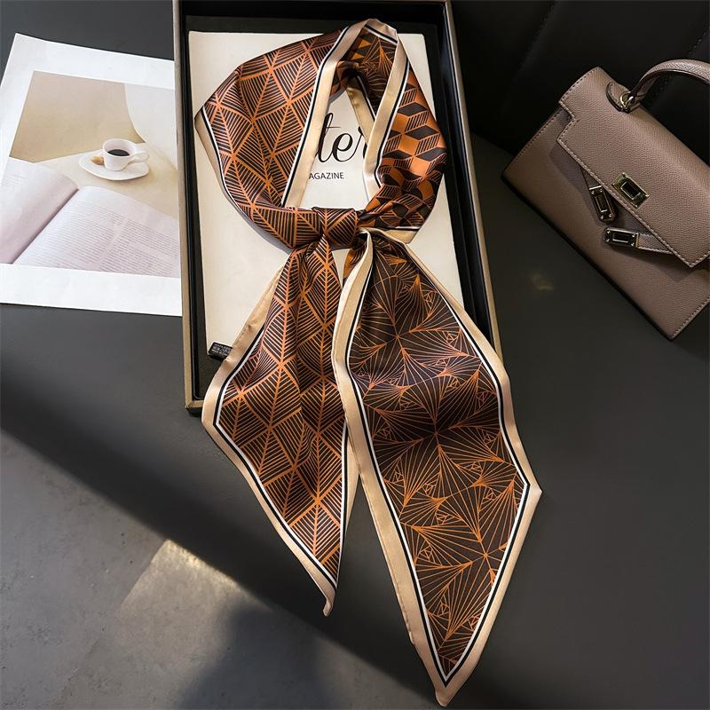 Women Luxury Design Silk Scarf Satin Hair Hairband Tie Neck Scarf Narrow Slanted Ribbon Neckerchief For Wedding Occupation