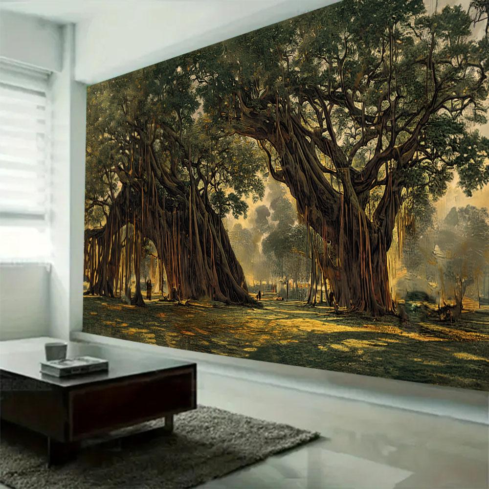 Ancient tree landscape tapestry, retro oil painting wall hanging, Bohemian home art decoration, living room and bedroom tapestry