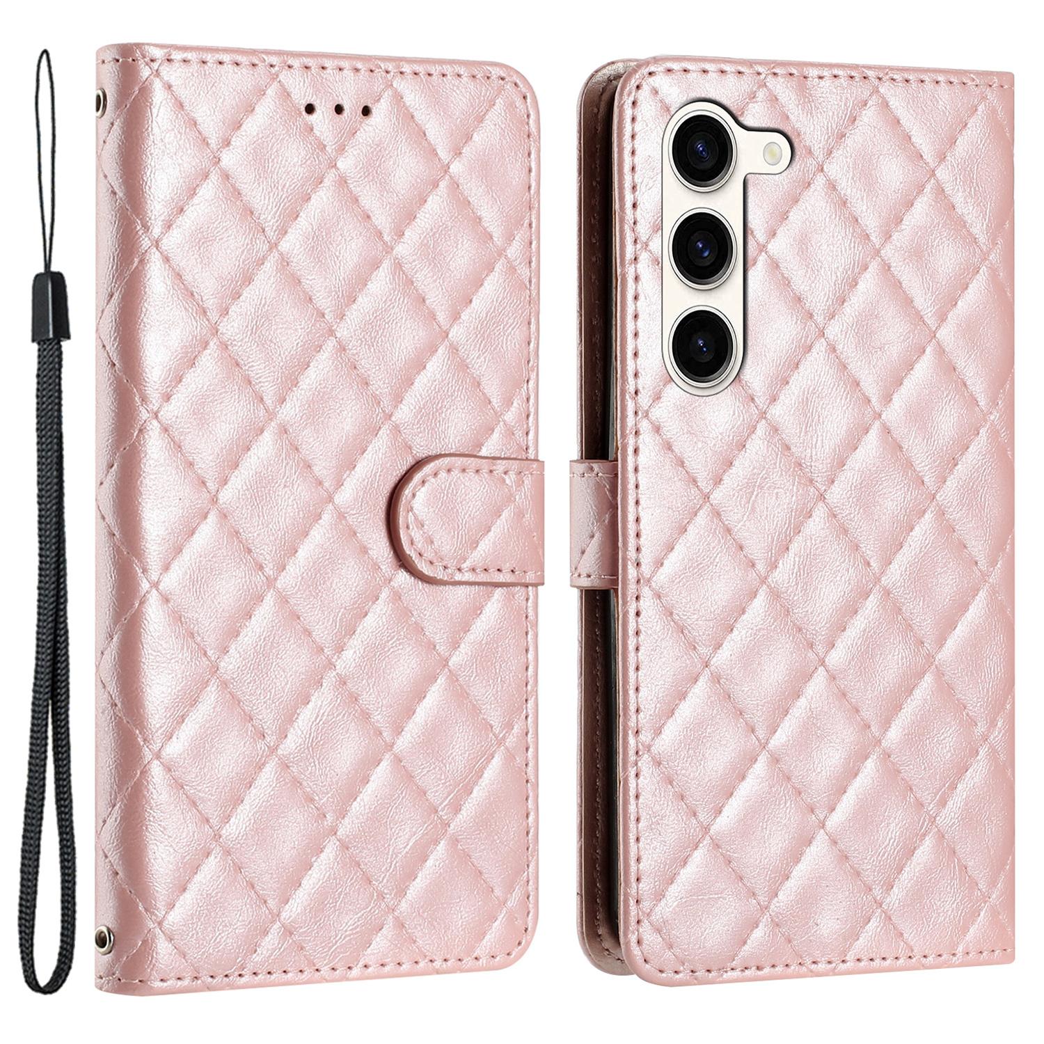 

For Samsung Galaxy S24 Case Rhombus Stitching Line Phone Leather Cover with Stand Rose Gold