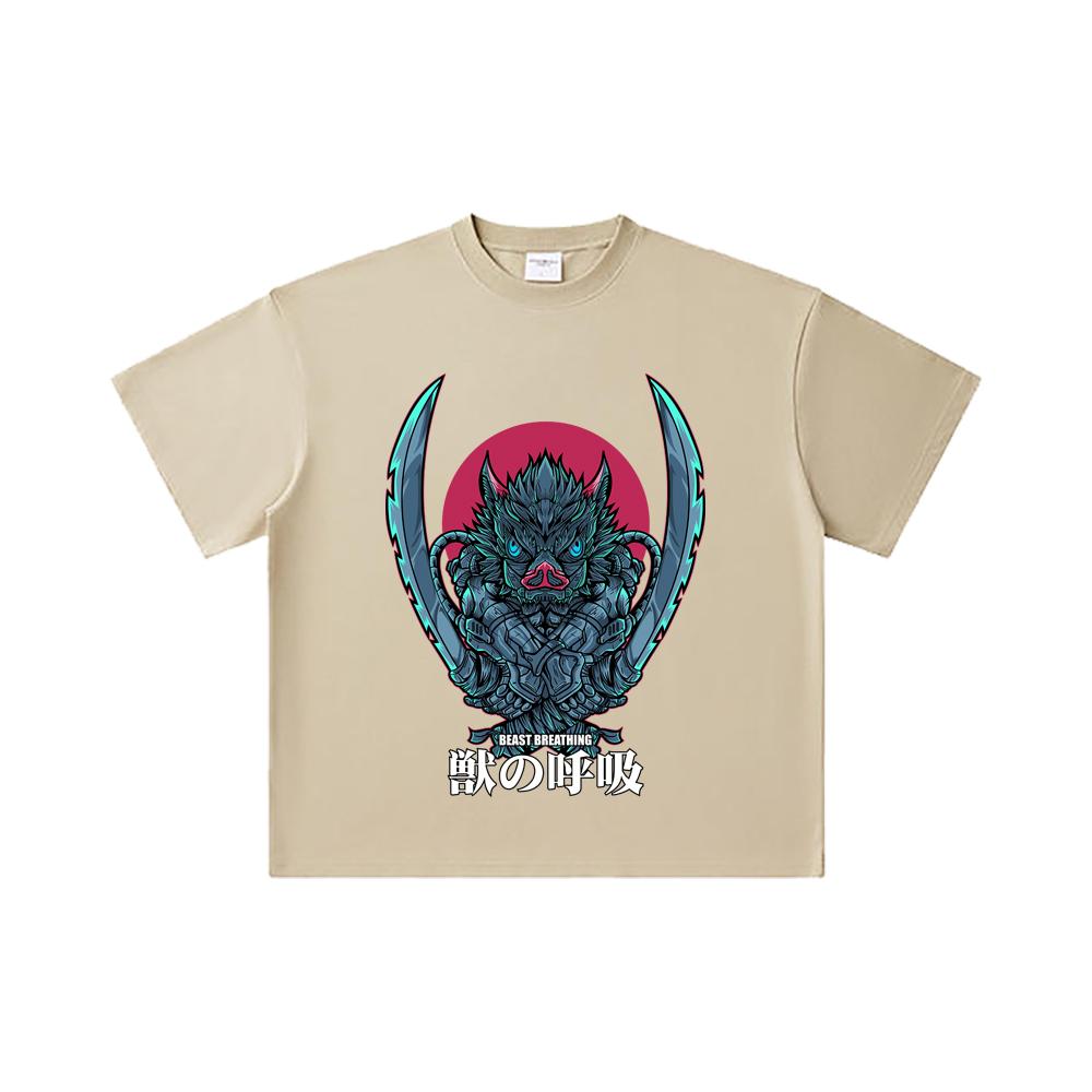 260 GSM Double Yarn 32 Count 100% Cotton Demon Slayer V29 Inosuke Print Unisex Heavy Cotton T Shirt