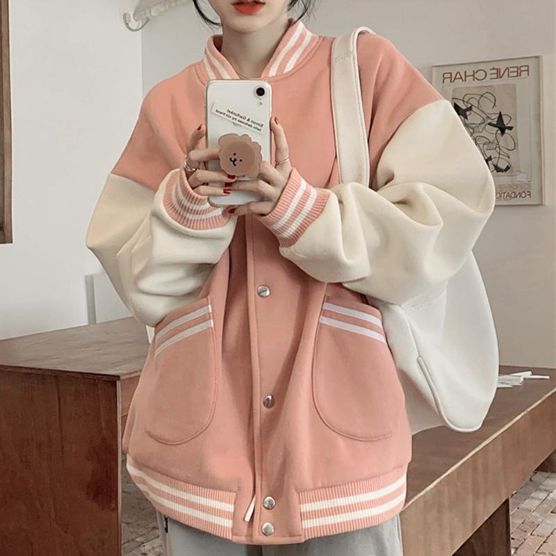Herbst Frauen Baseball Jacke Harajuku Casual Lose Tasche Gedruckt Koreanische Übergroßen Bomber Sweatshirt Uniform Streetwear Tops