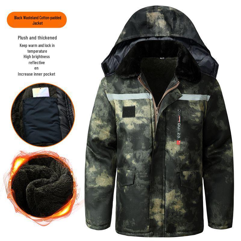 Men's Mid-Length Fleece-Lined Camouflage Overcoat - Windproof, Cold-Resistant, Waterproof, Cotton-Padded for Winter and Labor Protection.