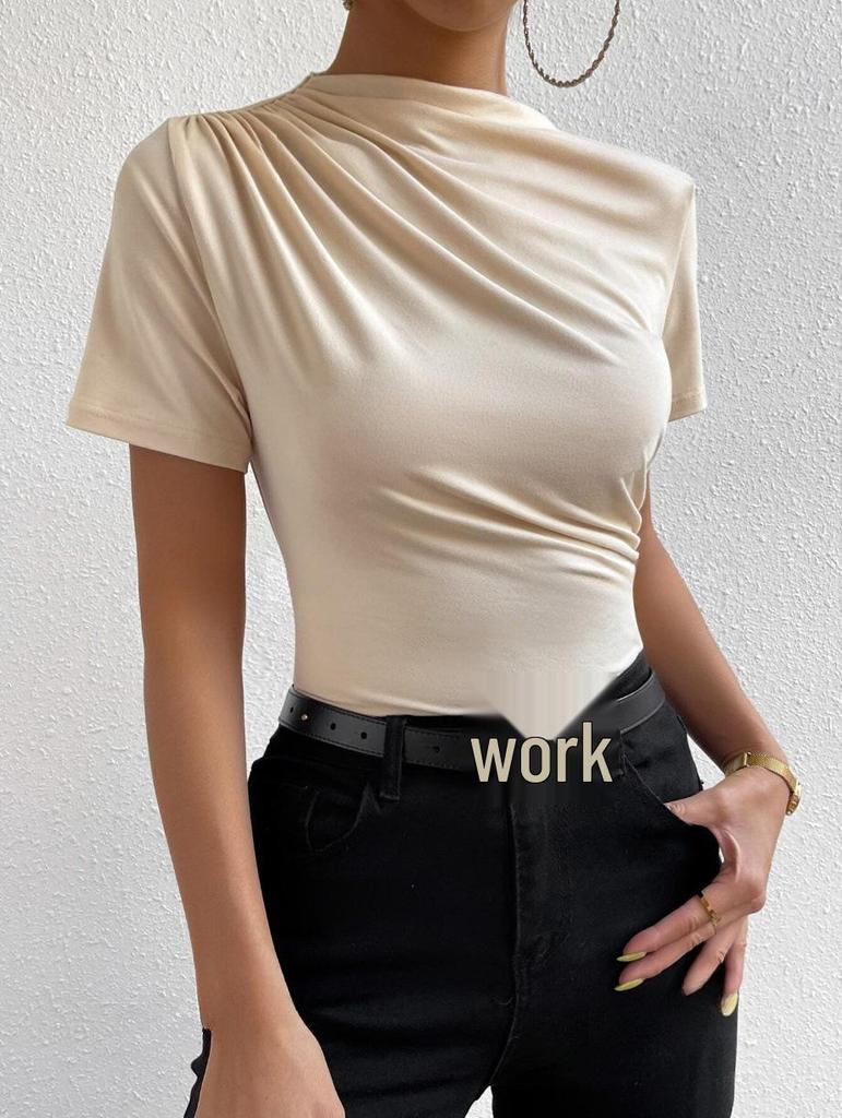 High Neck Ruched Slim-fit Short Sleeve Women's T-shirt 2025 Spring/Summer Collection