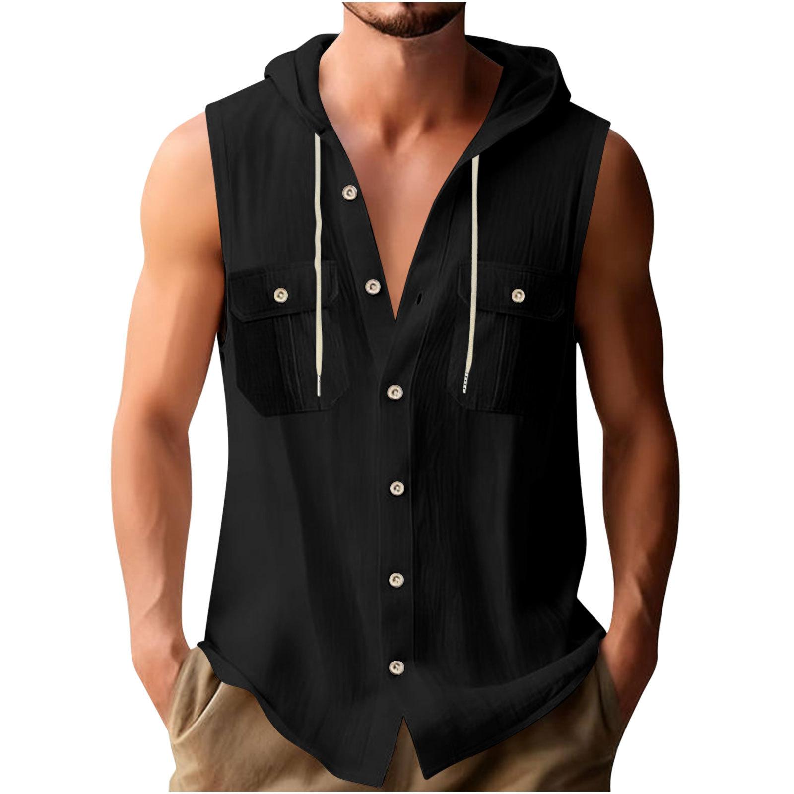 Men s Sports Casual Sleeveless Cotton Linen Hooded Loose Beach T-Shirt L