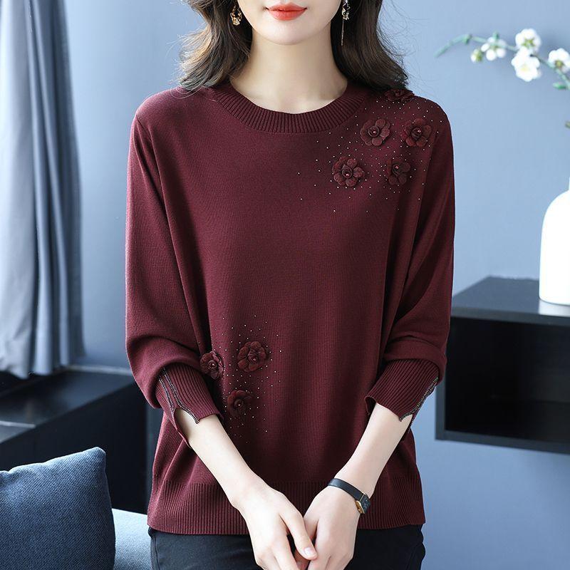 Spring Autumn Women s Crew Neck Sweater Loose Beaded Flower Knit Pullover Sweater M бордовый