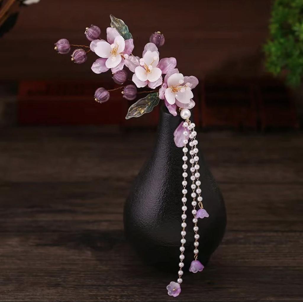 Purple Flower Hair Combs Chinese Hairpins Clips Tassel Pendant Jewelry Women Hanfu Dress Cosplay Pearl Butterfly Headpieces