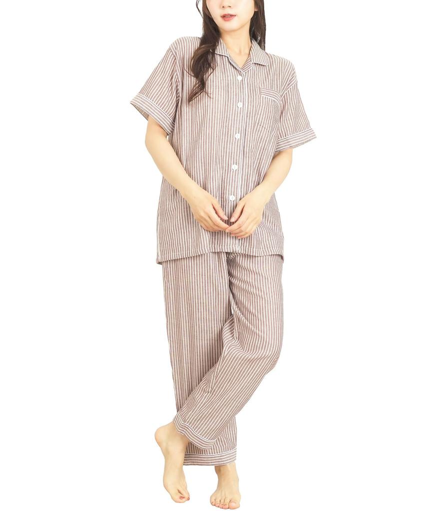 ON NISHIKI Summer Short Premium Combed Double Top and Bottom Long Loungewear Size Women's Pajamas, Sleeves, 100% Cotton, Yarn, Gauze, Skin-Friendly,