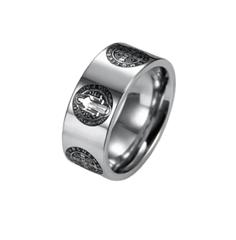 Mens 8mm Stainless Steel Relief Catholic St Saint Benedict Exorcism Cross Ring