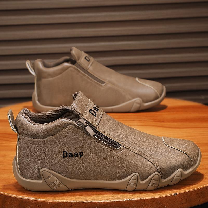 Side Zippers Men Shoes Fashion Breathable Flat Shoe High-top Leather Casual Shoes Solid Color Outdoor Walking Shoe Sneakers Male