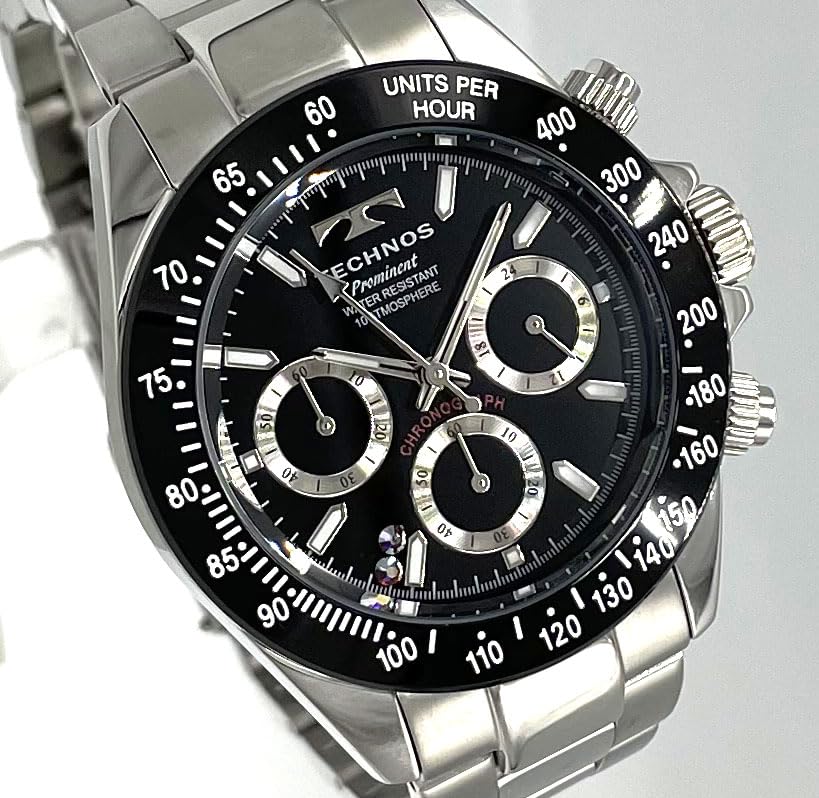 TECHNOS Limited Edition Lucky Aurora Lightstone Chronograph with Size Adjustment Men's Watch, Black, Tool, TP0403TB/SW