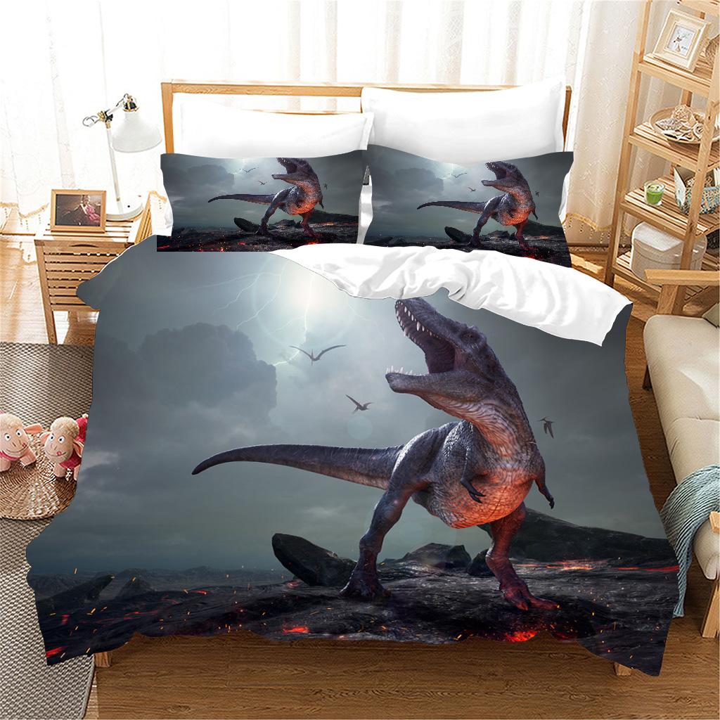 3 stk Sengesett 3d Dinosaur World Tyrannosaurus Rex Kids Barn Mikrofiber Polyester Seng Dynetrekk Sett Og 2 stk Putetrekk