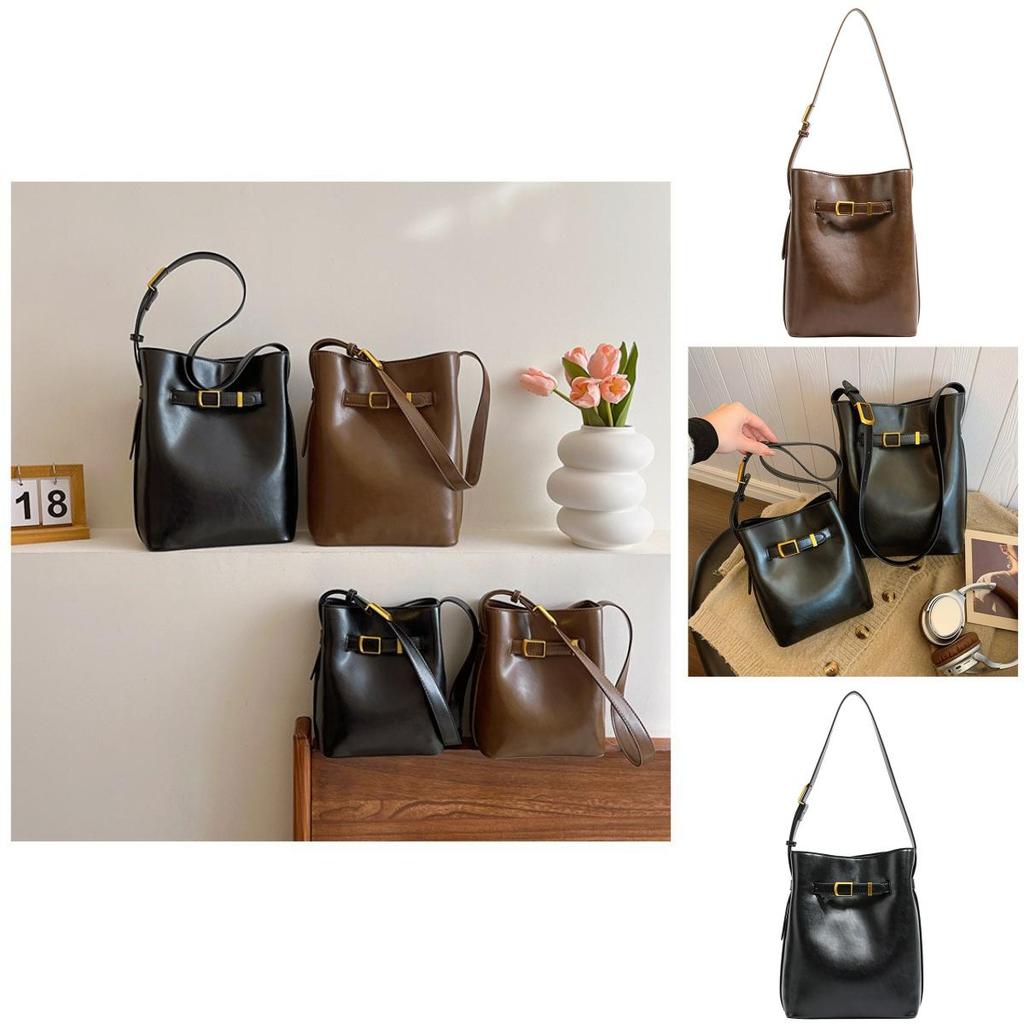 2023 Fashionable Simple Commuter Light Luxury Bag Buckle Shoulder Crossbody Bag Black Coffee Color City Simple Pu Bucket Bag