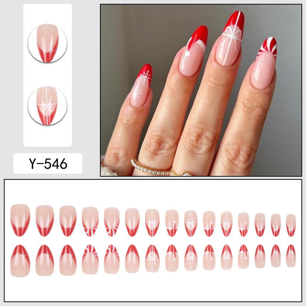 Christmas Almond Shape Wearable Nails Set: 30 Pieces with Red Bow, French Red, and White Stripes Design