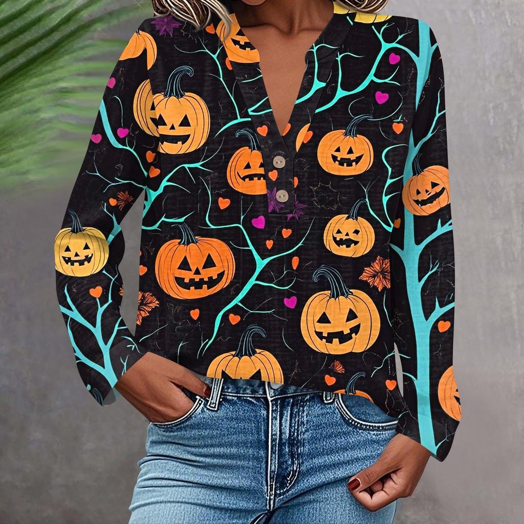 Dame Moteabel Og Casual Skjorte Langermet V-hals Knapp Trykt Bluse Topp