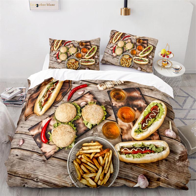 Kreativer Fast Food Bettbezug Pizza Hamburger Druck Bettdeckenbezug Mikrofaser Bettwäscheset King Queen für Kinder Teenagerzimmer Deko