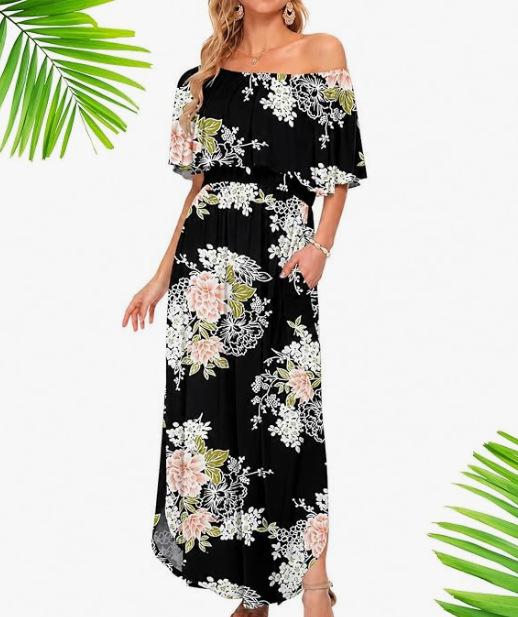 European and American summer new printed one-word shoulder short-sleeved long dress