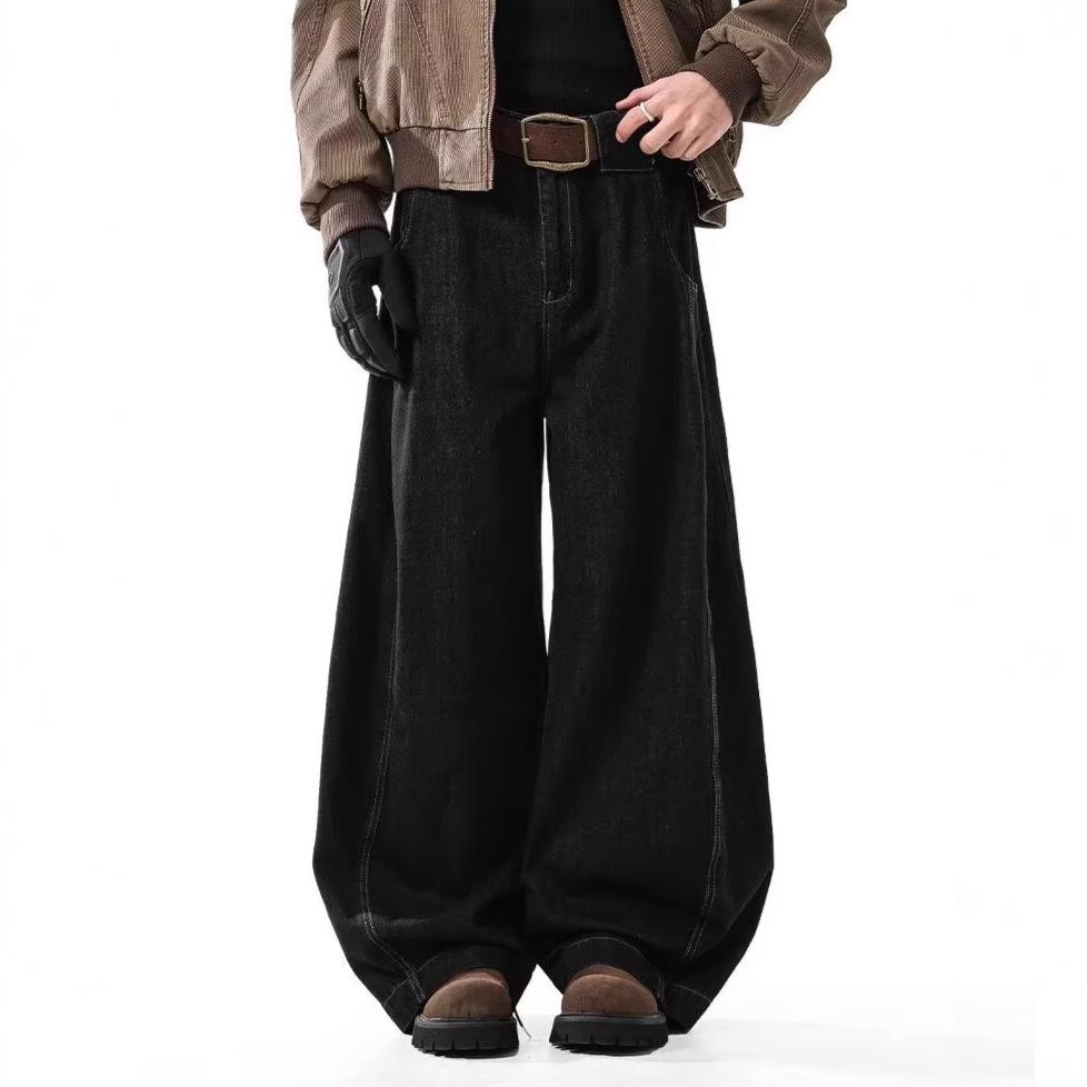 American retro black wide-leg jeans men's high-end scimitar pants spring and autumn loose casual tooling trousers