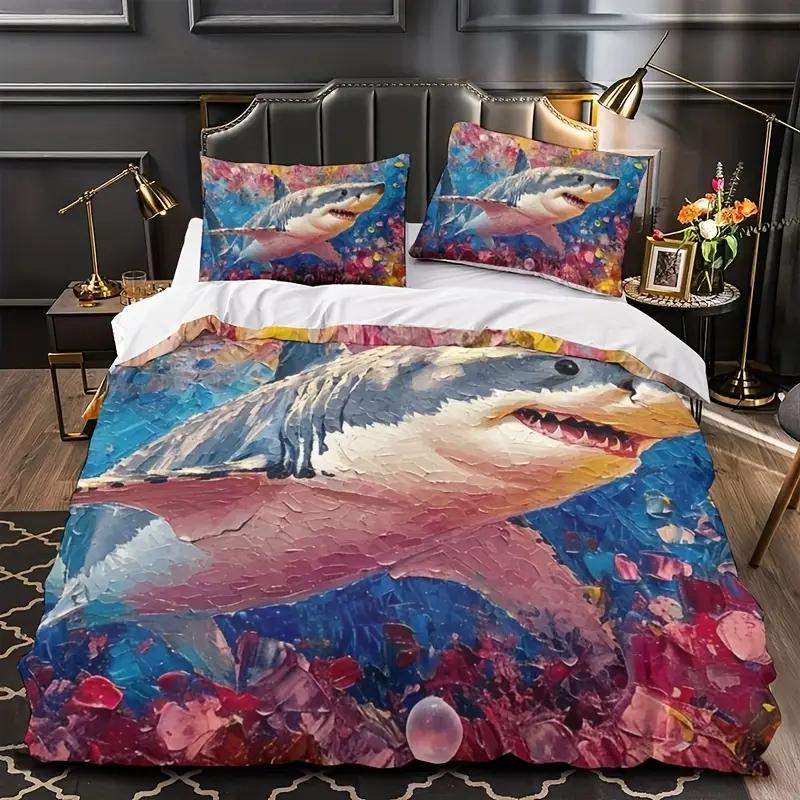 Comforter 2/3Pcs Oceanic Shark Bedding Set High-Definition Digital Print Duver 3D Pattern Soft & Skin-Friendly Bedroom