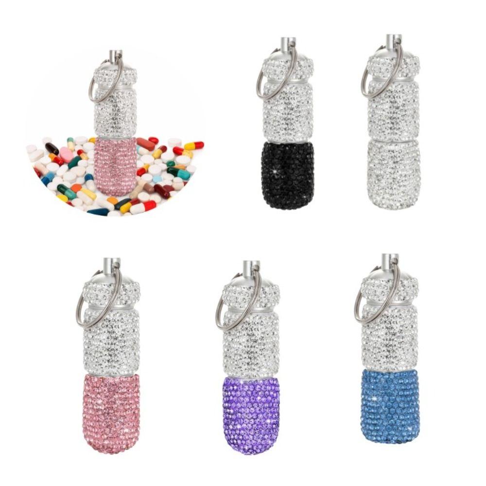 Luxury Rhinestone Bling Pill Case Waterproof with Keychain Cute Storage Box Mini Rhineston Pill Container Outdoor