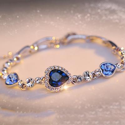 Women Ocean Blue Crystal Rhinestone Heart Bangle Bracelet