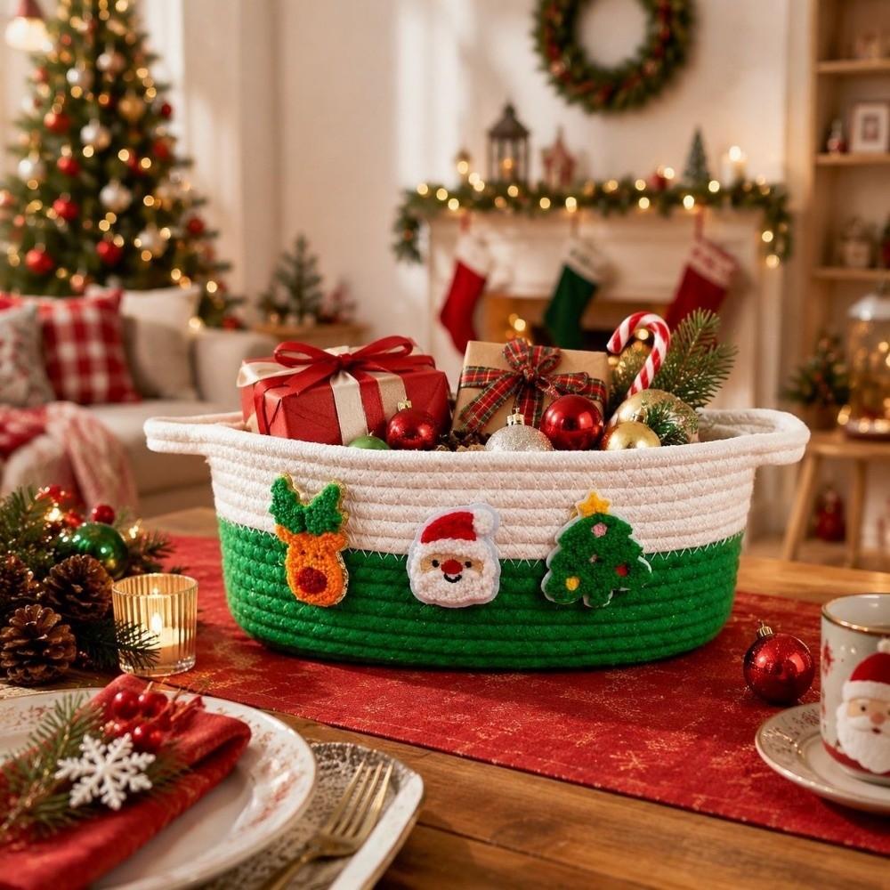 Xmas Theme Hand Woven Storage Basket Cotton Rope Small Item Storage Bin Entryway