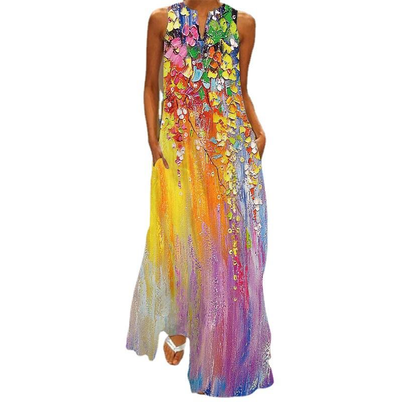 2026 summer independent station new European and American retro printing long dress V-neck multi-color long sexy sleeveless dress