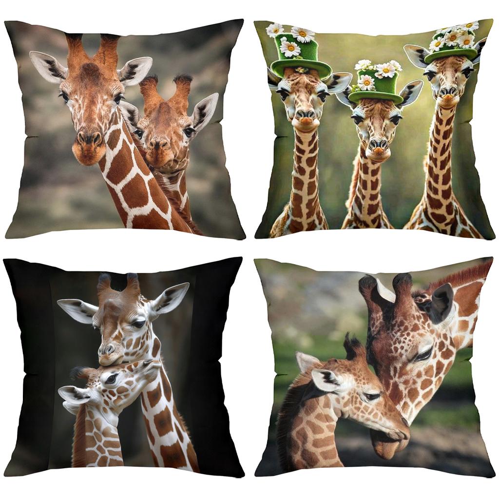 Giraffe Couple And Giraffes With Flower Hats Cushion Covers Polyester pillowcase, sofa decorative cushion cov Headboard Pillow