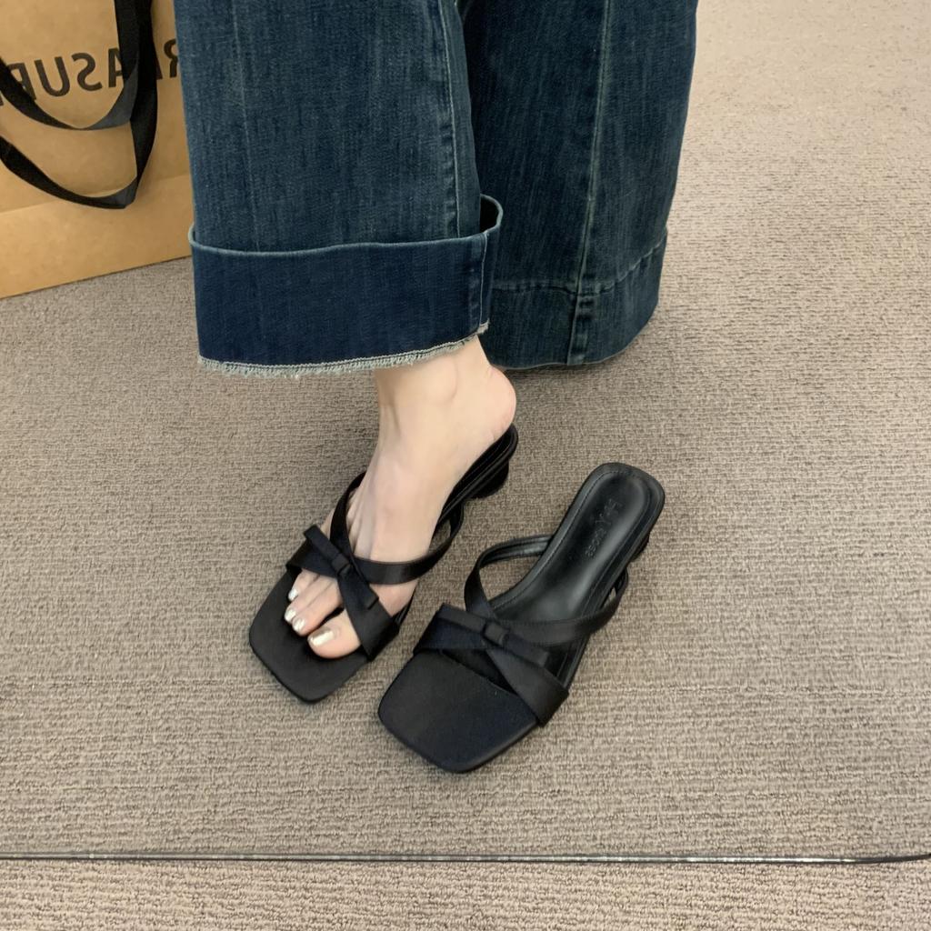 Fashion Slippers Casual Female Shoes Beige Heeled Sandals Slides Butterfly-Knot Square heel Luxury 2025 Black Block Butterfly-knot