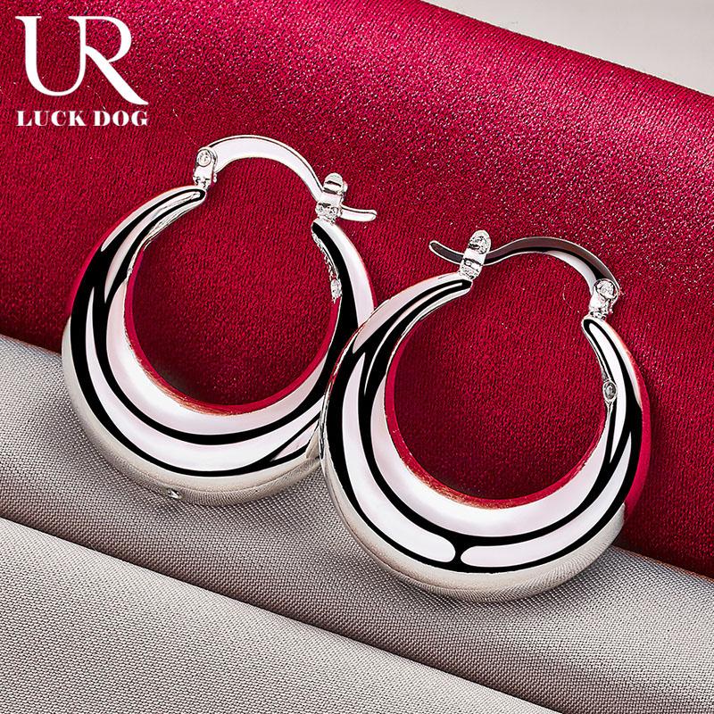 925 Sterling Silver Round Smooth U-shaped Large Ring Piercing Earrings Fashionable Wedding Jewelry