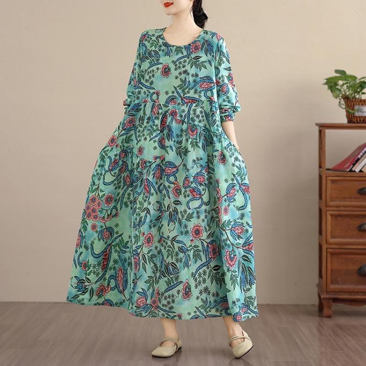 New Spring Summer Women Plus Size Vintage Floral Print Long Dress Loose Oversize Maxi Long Sleeve