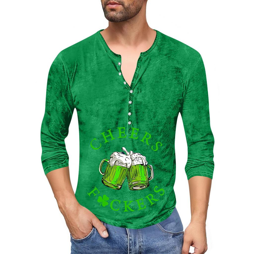 Men'S Printed T-Shirt Outdoor Retro Button Loose Long Sleeve Top