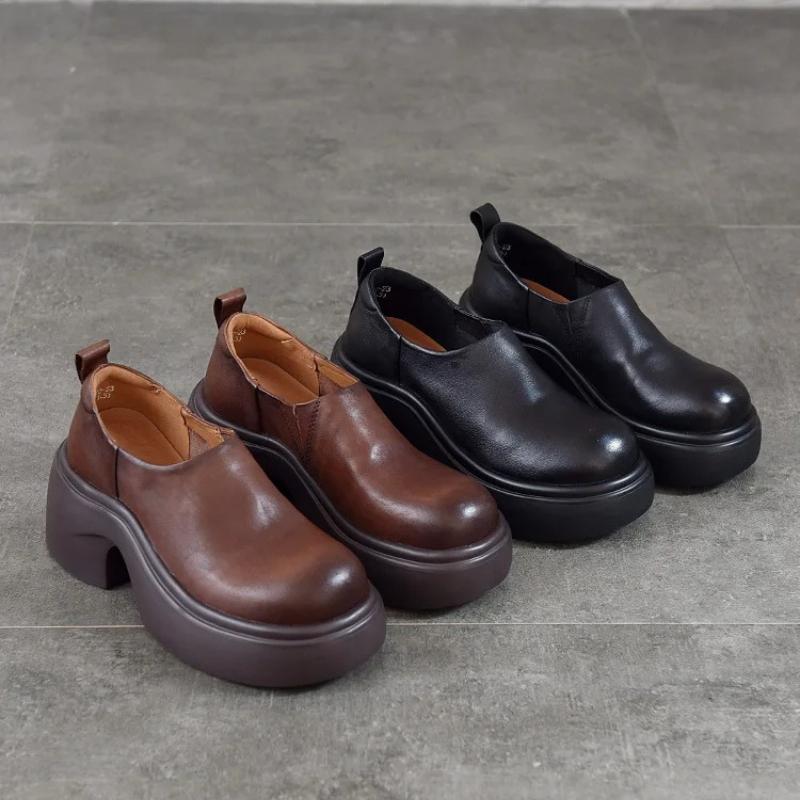 Johnature Lightweight Thick Soled Genuine Leather High-heeled Pumps Versatile Round Toe Women's Platform Shoes