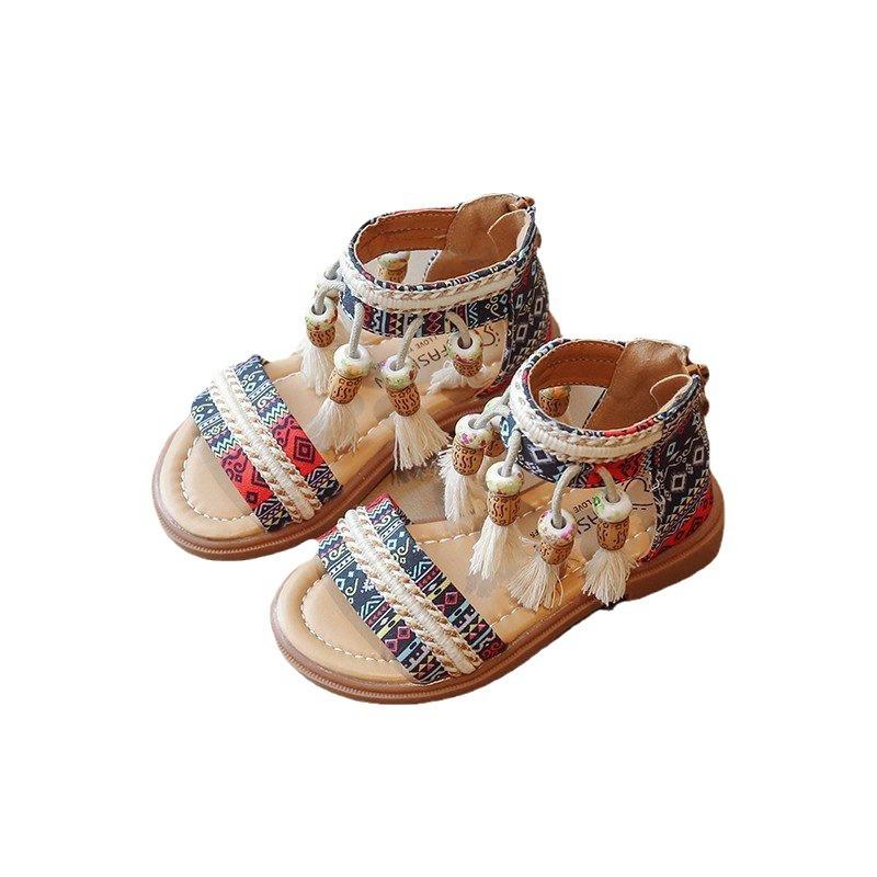 Girls Gladiator Sandals Princess Sweet Kids Beach Shoes Kids Summer Retro Ethnic Traditional Tassels Soft Back