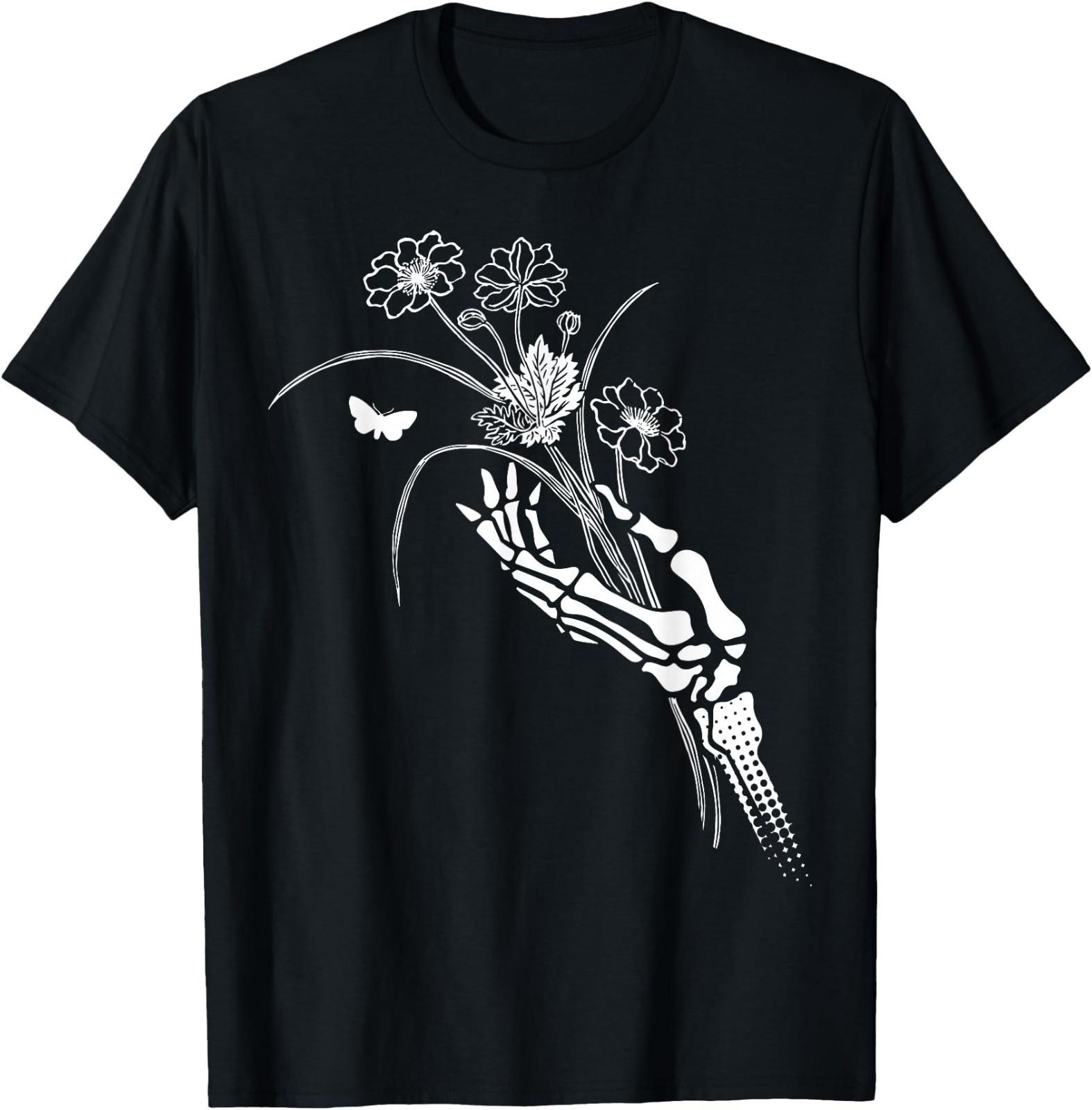 Skeleton Hand Holding Flowers Folkloric Wiccan Nature Witch T-Shirt S