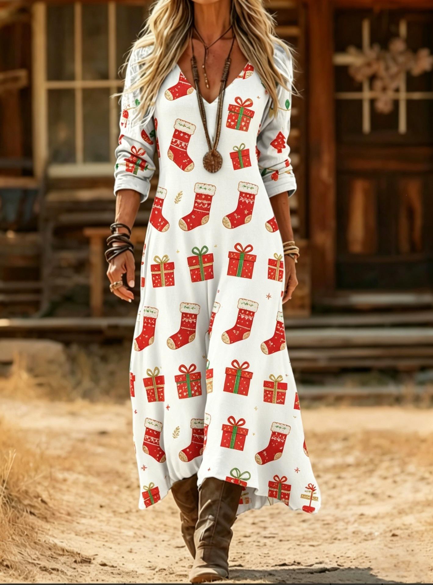 Christmas stockings gift print V-neck long-sleeved dress women s holiday style loose long S