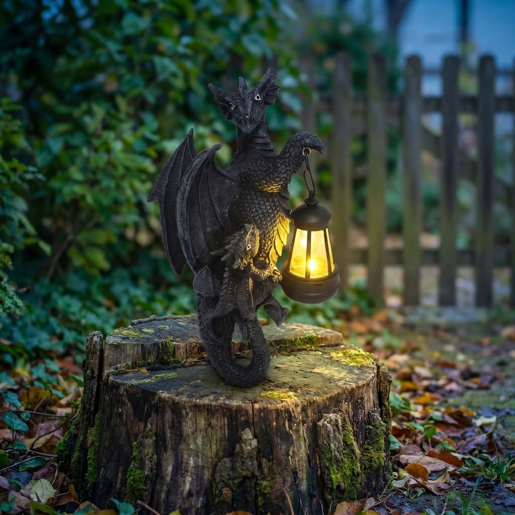 Outdoor Resin Dragon Statue with Lantern Garden Sculpture Decorative Figurine for Patio Yard Landscape Lighting Accent