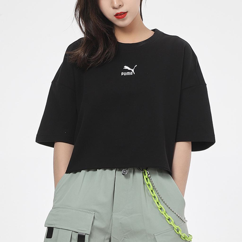 Puma Classics Raw Edge Crew Logo Embroidered Sports Round Neck Short Sleeve T-Shirt Women Tops Black 532639-01