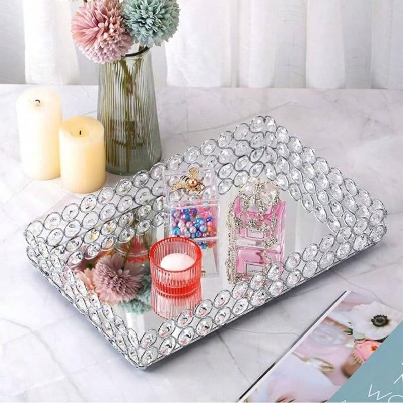Crystal Mirror Tray, Cosmetics Tray, Perfume and Jewelry Display Tray, Table Decoration Fruit Tray for Holding Metal Cake Tray