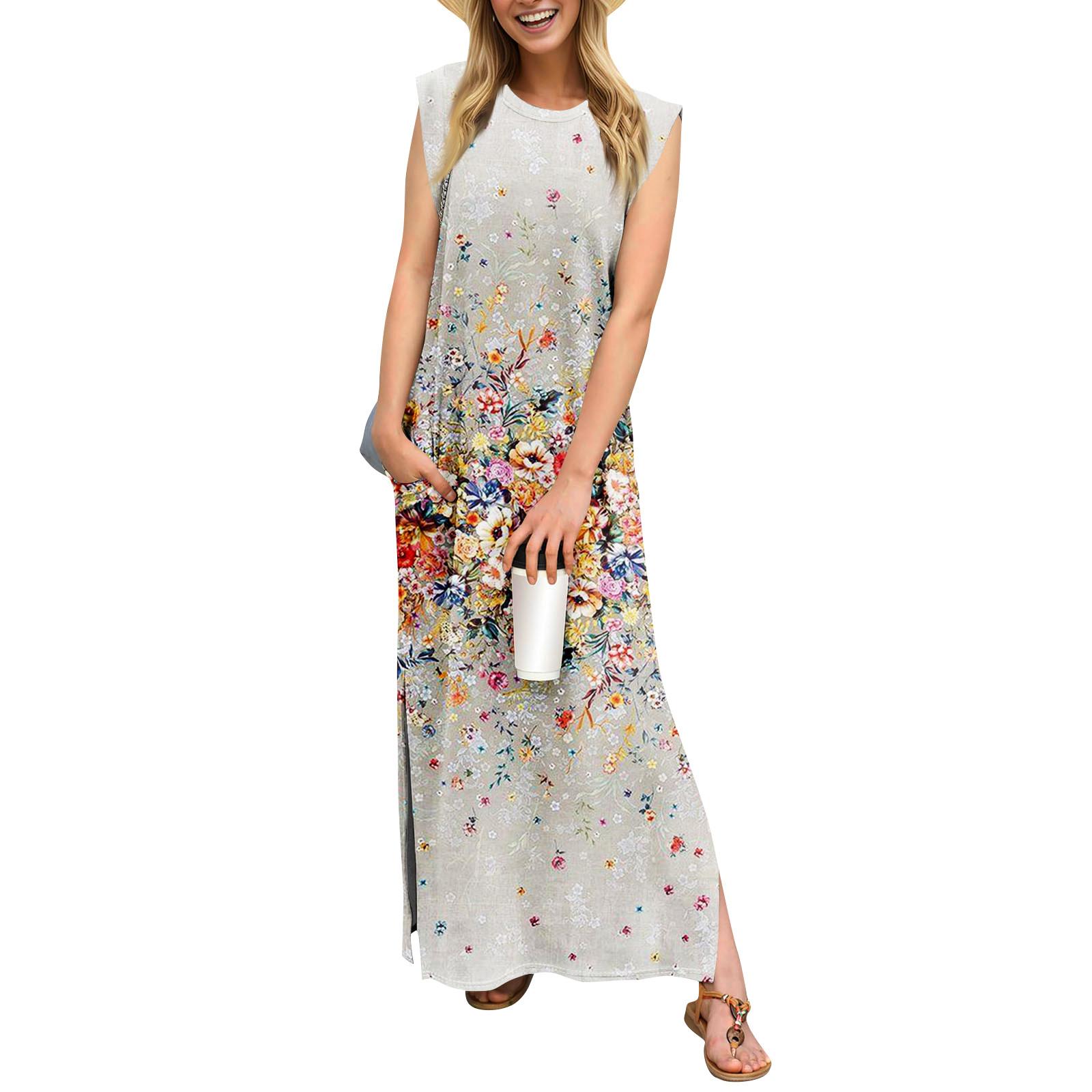 

Летние платья для женщин с круглым вырезом, повседневные свободные, с принтом, без складок, длинное пляжное платье макси с карманами XXL