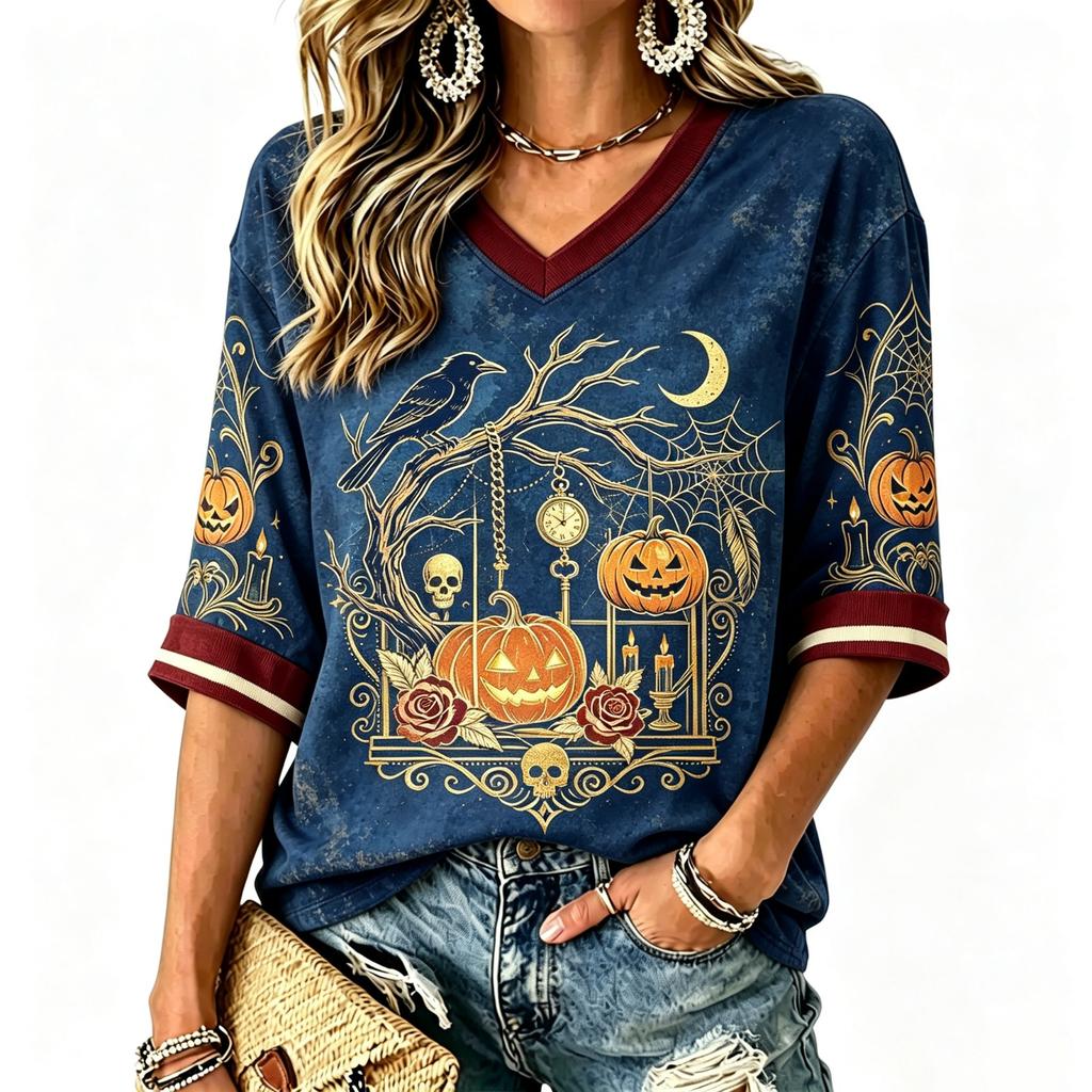 Women's Casual Halloween Print V-Neck T-Shirt Top for Daily Wear
