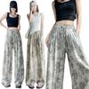 Women's Retro French Print Wide-Leg Ice Silk Pants - Flaw-Covering, Slimming, Thin & Loose Casual Drape Style