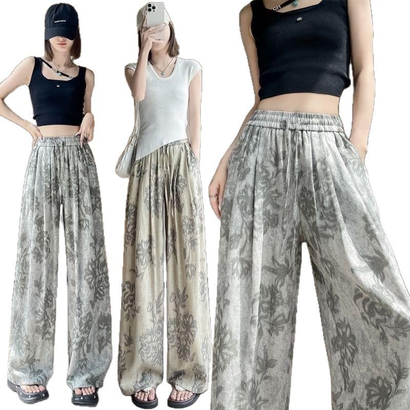 Women's Retro French Print Wide-Leg Ice Silk Pants - Flaw-Covering, Slimming, Thin & Loose Casual Drape Style