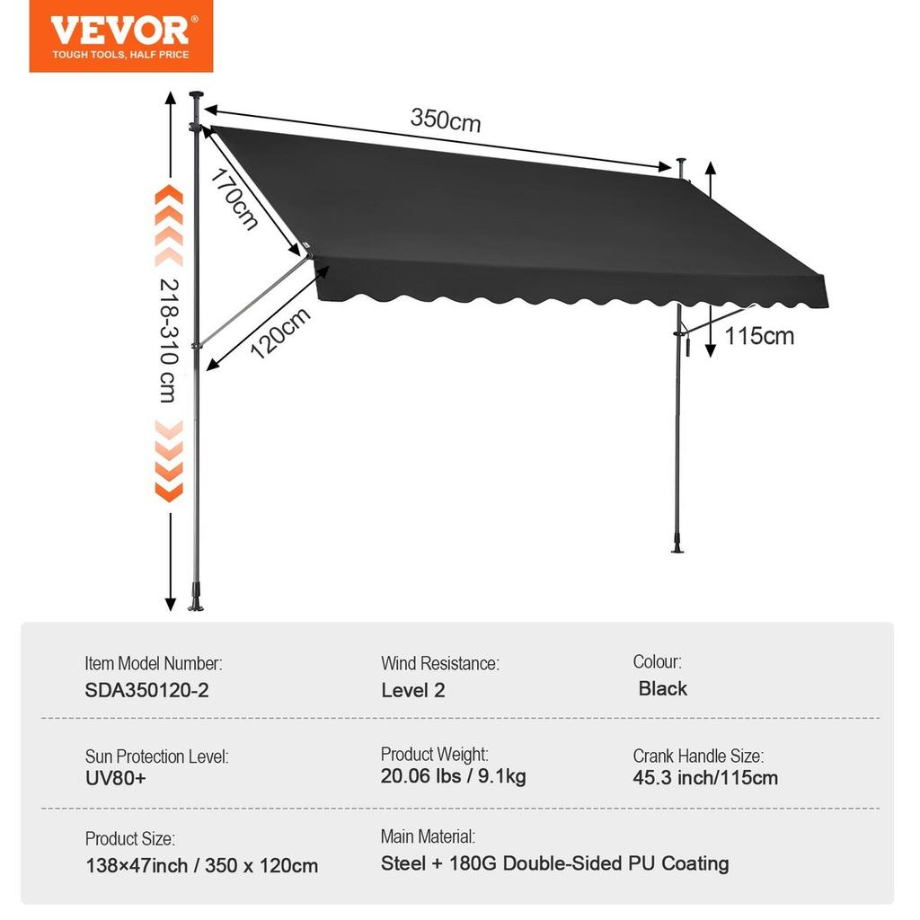 138x47" Patio Awning Retractable Patio Canopy Sunsetter with Crank Handle