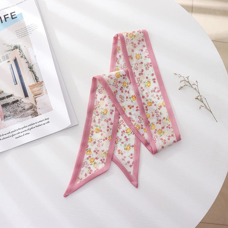 Summer French Retro Pink Tied Hair Small Floral Long Silk Scarf Headband Braided Hair Chiffon Thin Ribbon Scarf