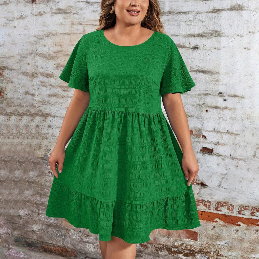 Ladies' Large Size Casual And Fashionable Solid Color Dress, Loose Short Sleeved Waist Cinched Dress